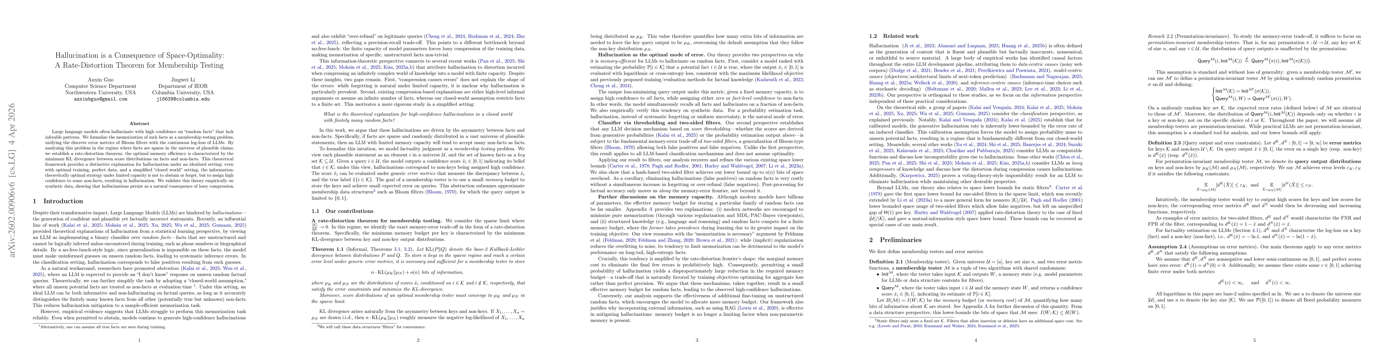 Thumbnail for Hallucination is a Consequence of Space-Optimality: A Rate-Distortion Theorem for Membership Testing