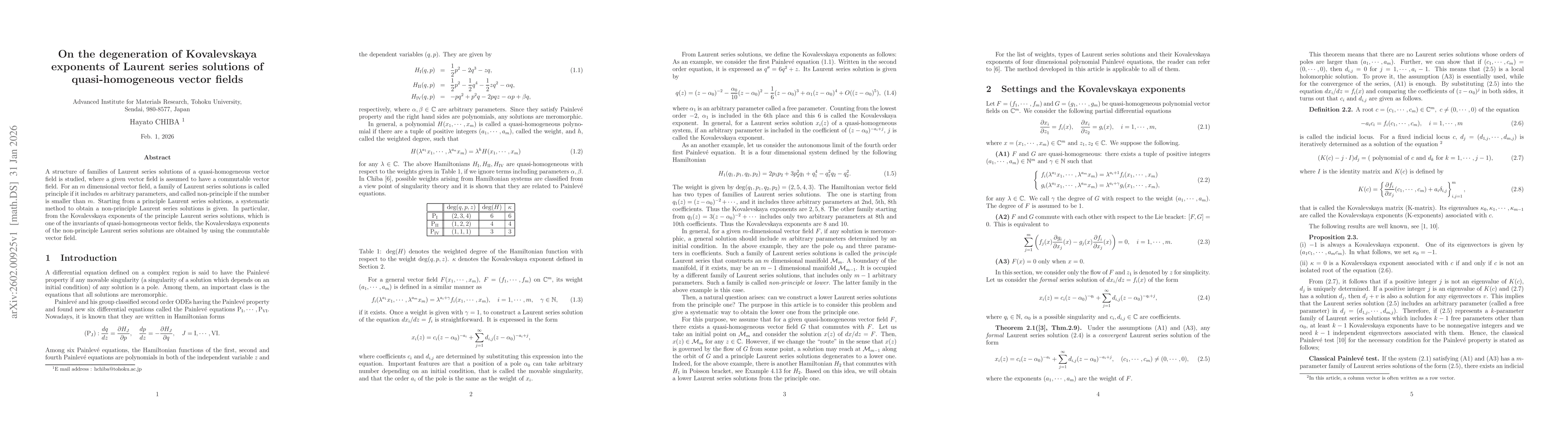 Thumbnail for On the degeneration of Kovalevskaya exponents of Laurent series solutions of quasi-homogeneous vector fields