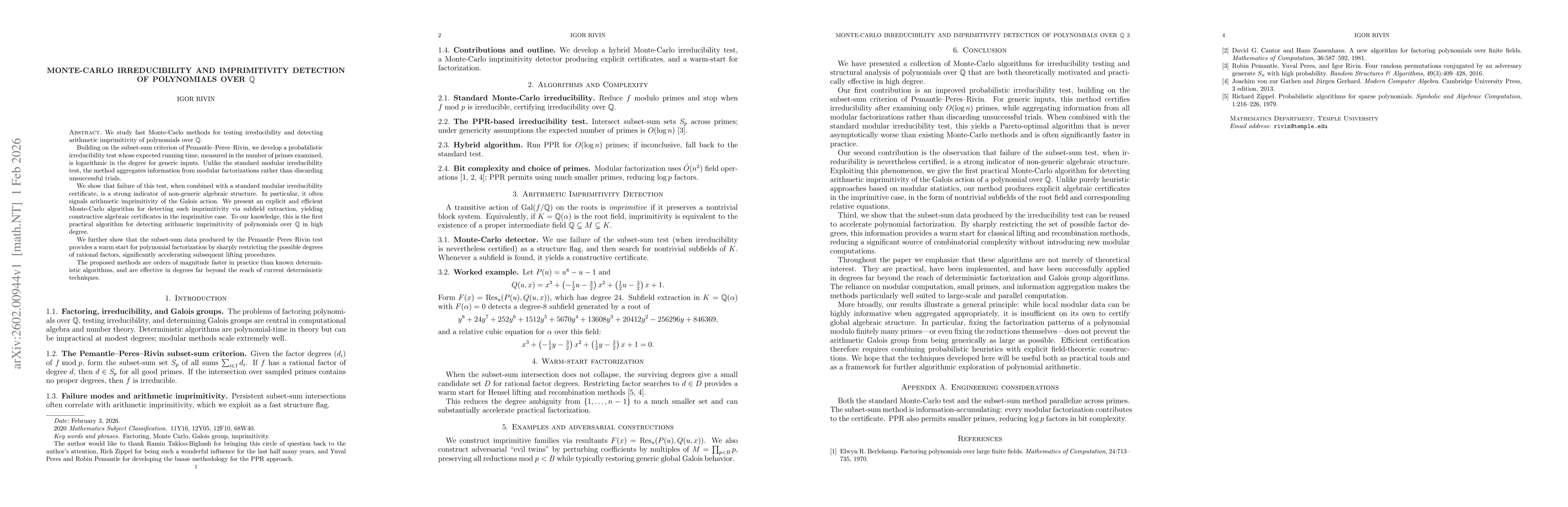 Thumbnail for Monte-Carlo Irreducibility and Imprimitivity Detection of Polynomials over $\mathbb{Q}$