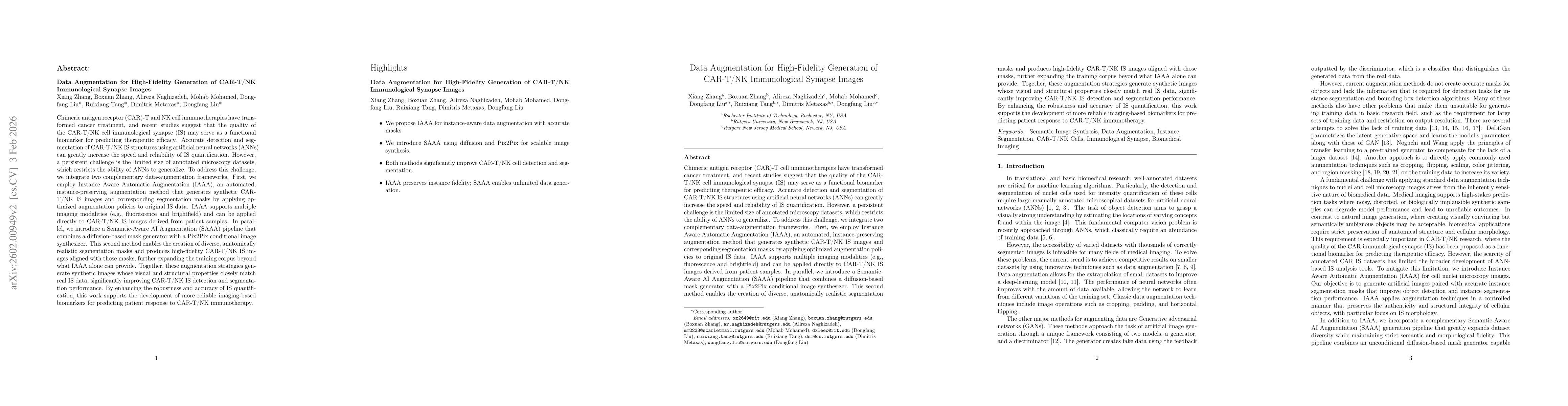 Thumbnail for Data Augmentation for High-Fidelity Generation of CAR-T/NK Immunological Synapse Images