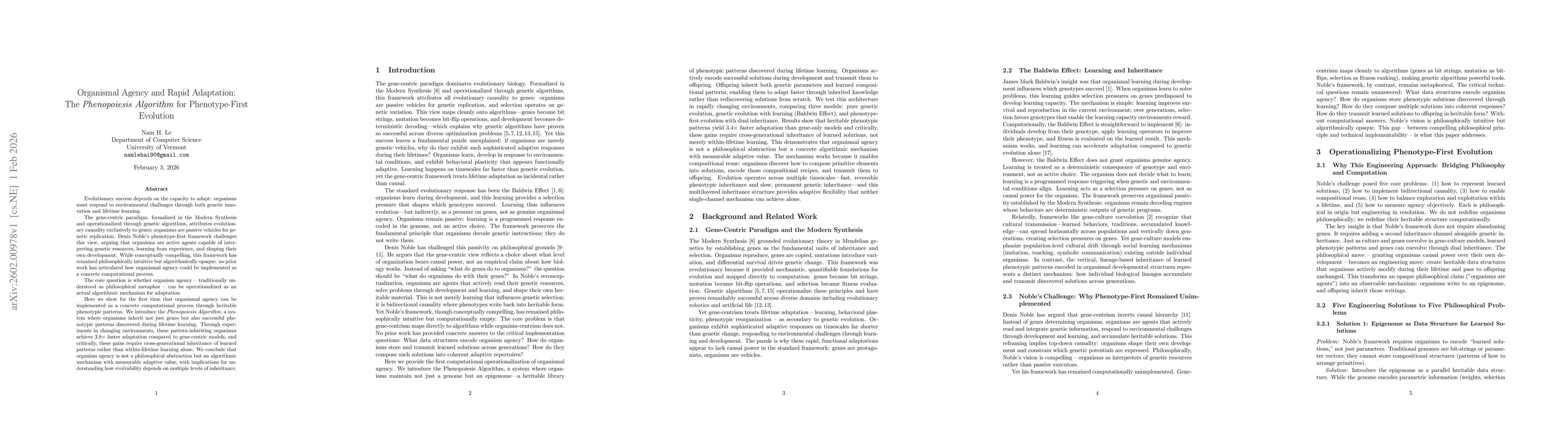 Thumbnail for Organismal Agency and Rapid Adaptation: The Phenopoiesis Algorithm for Phenotype-First Evolution