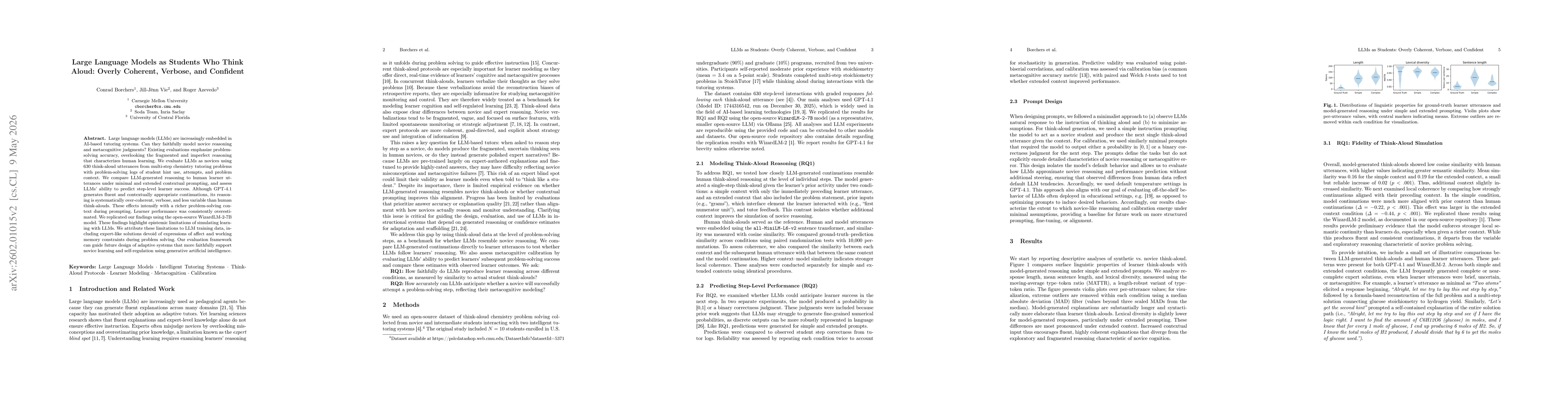 Thumbnail for Large Language Models as Students Who Think Aloud: Overly Coherent, Verbose, and Confident