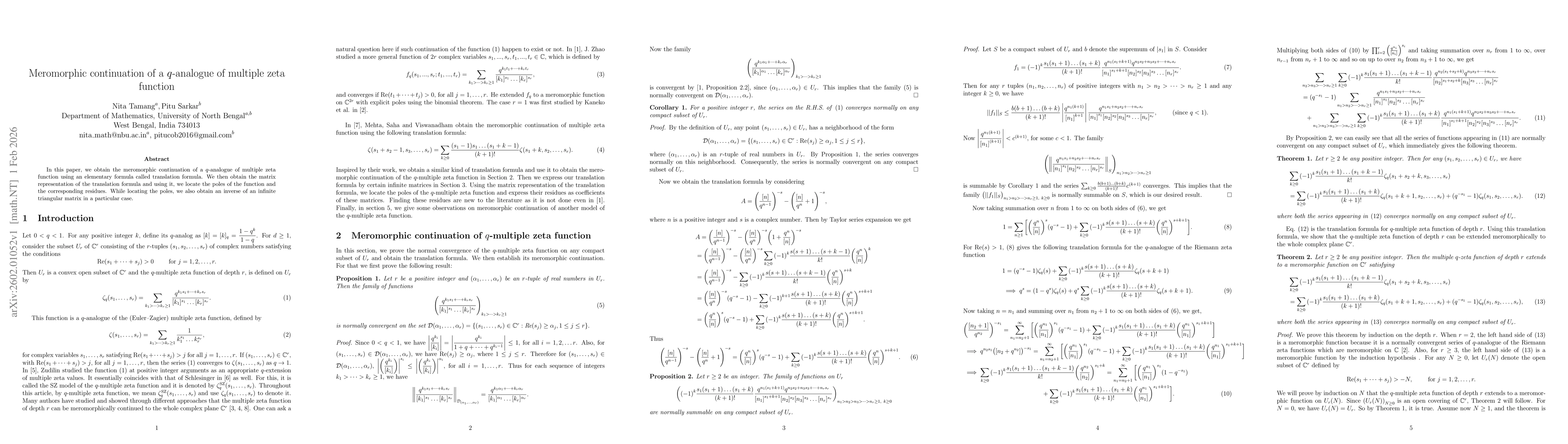 Thumbnail for Meromorphic continuation of a q-analogue of multiple zeta function