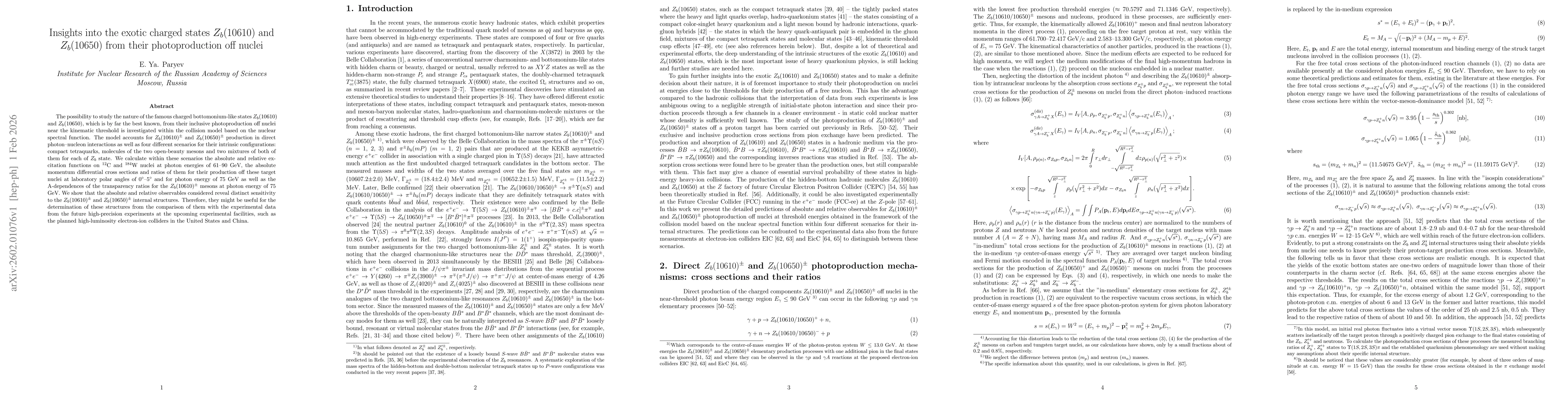 Thumbnail for Insights into the exotic charged states $Z_b(10610)$ and $Z_b(10650)$ from their photoproduction off nuclei