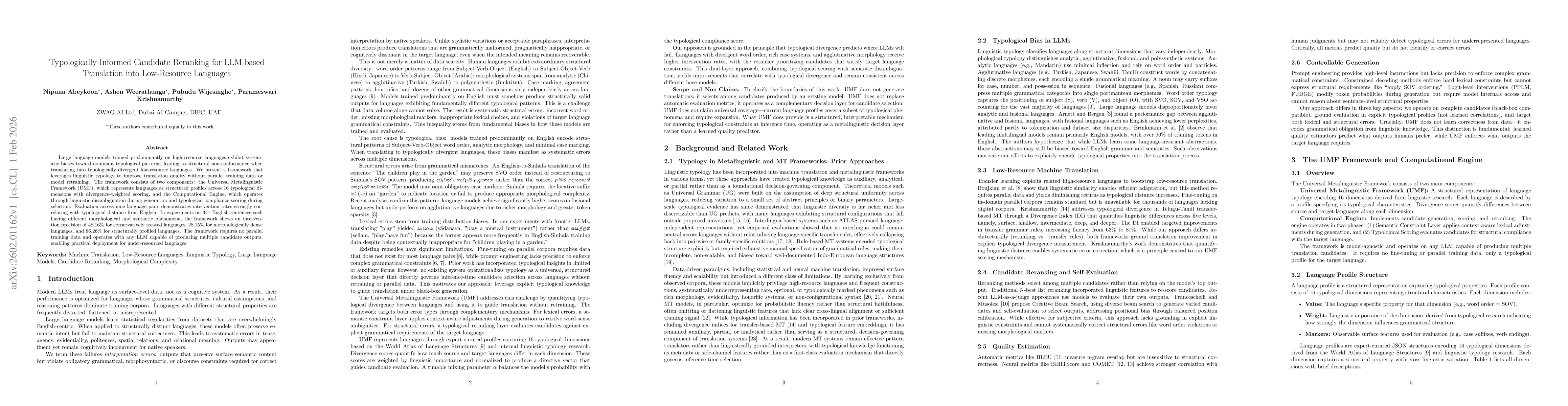 Thumbnail for Typologically-Informed Candidate Reranking for LLM-based Translation into Low-Resource Languages