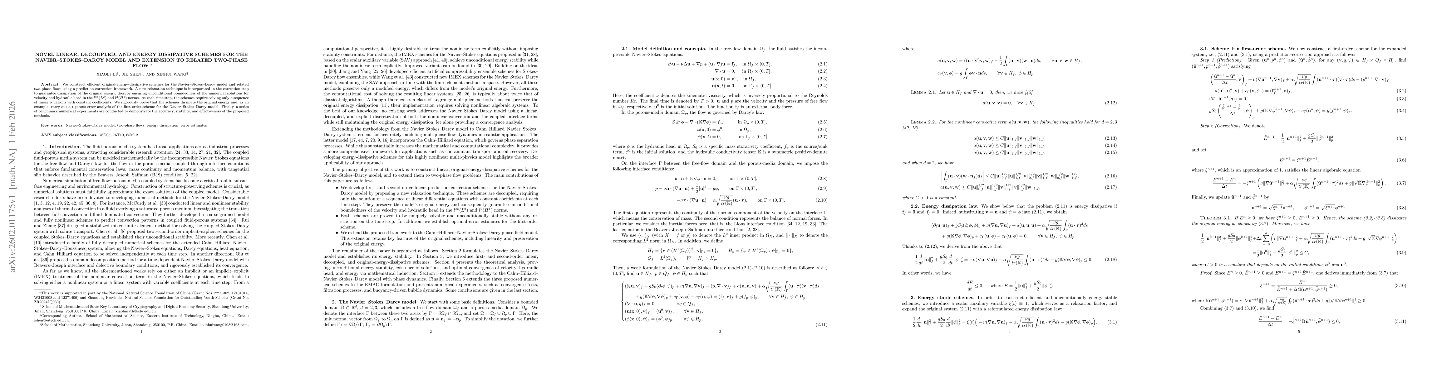 Thumbnail for Novel linear, decoupled, and energy dissipative schemes for the Navier-Stokes-Darcy model and extension to related two-phase flow
