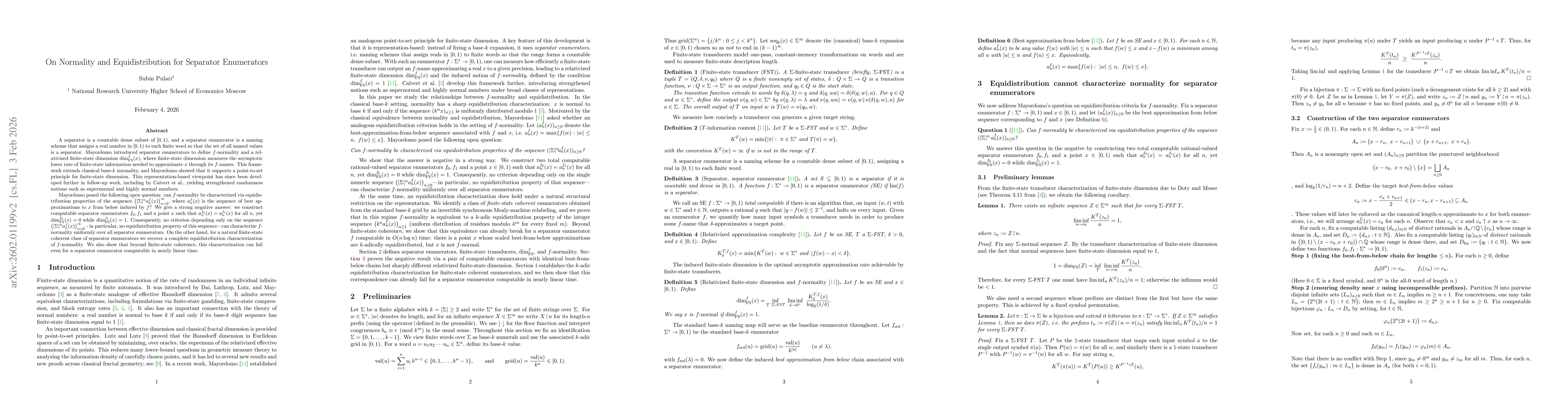 Thumbnail for On Normality and Equidistribution for Separator Enumerators