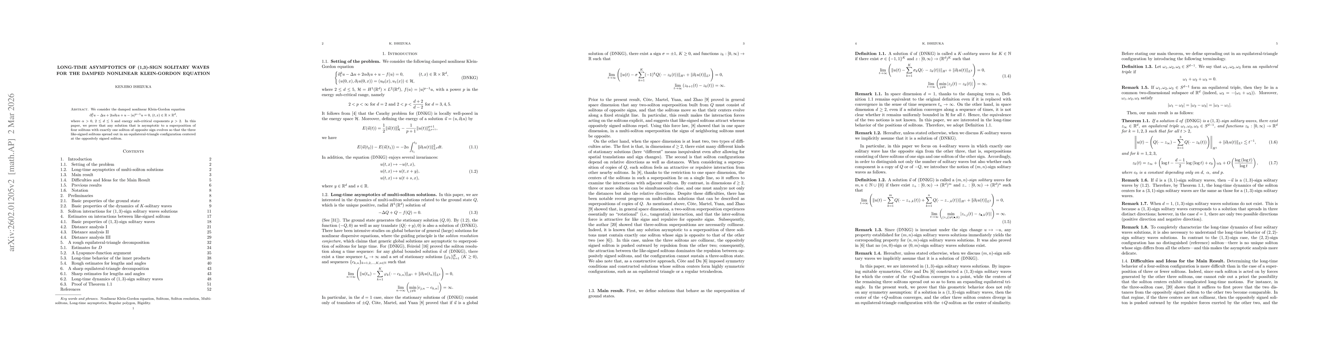 Thumbnail for Long-time asymptotics of (1,3)-sign solitary waves for the damped nonlinear Klein-Gordon equation