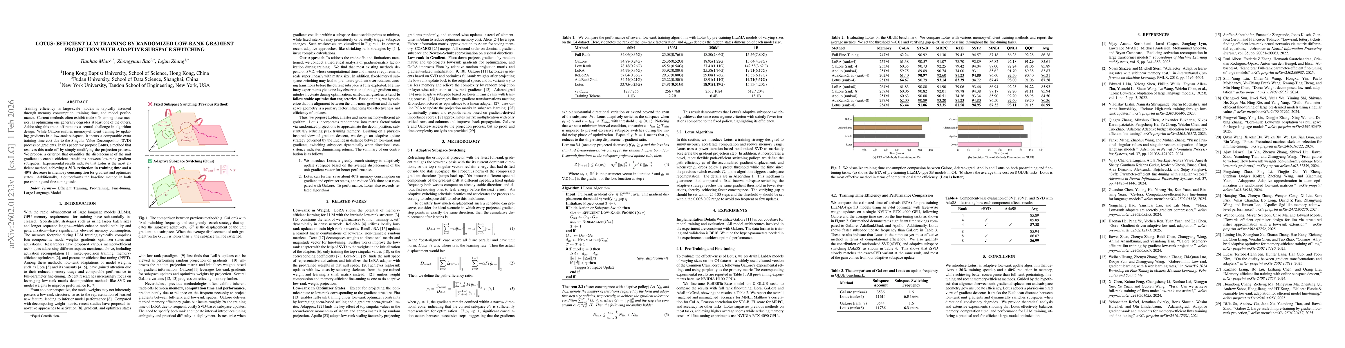 Thumbnail for Lotus: Efficient LLM Training by Randomized Low-Rank Gradient Projection with Adaptive Subspace Switching