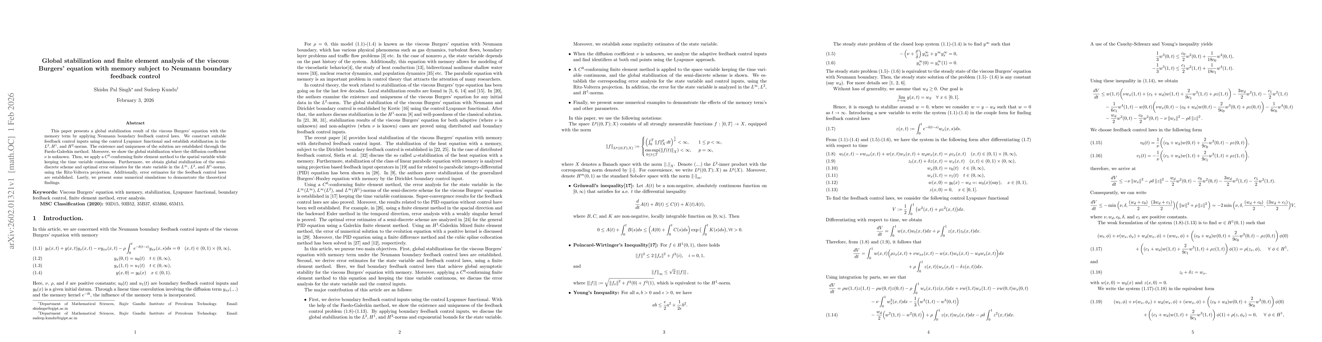 Thumbnail for Global stabilization and finite element analysis of the viscous Burgers' equation with memory subject to Neumann boundary feedback control
