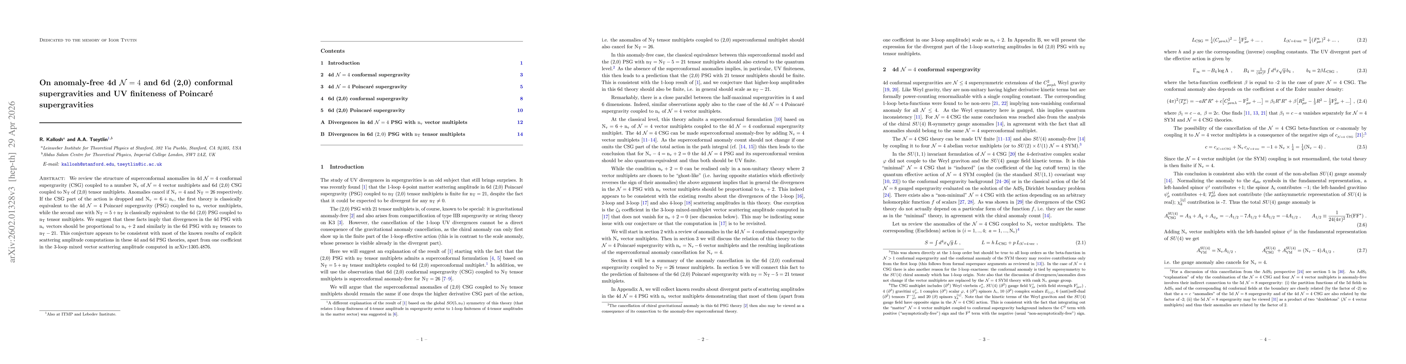 Thumbnail for On anomaly free 4d $\mathcal{N}$=4 and 6d (2,0) conformal supergravities and UV finiteness of Poincaré supergravities