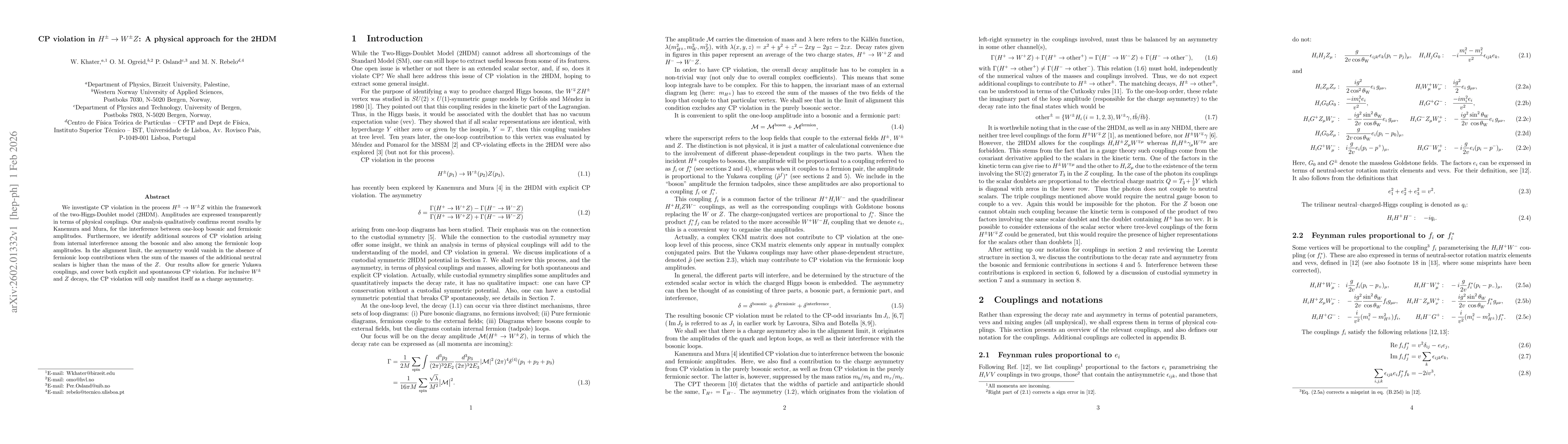 Thumbnail for CP violation in H^\pm \to W^\pm Z: A physical approach for the 2HDM