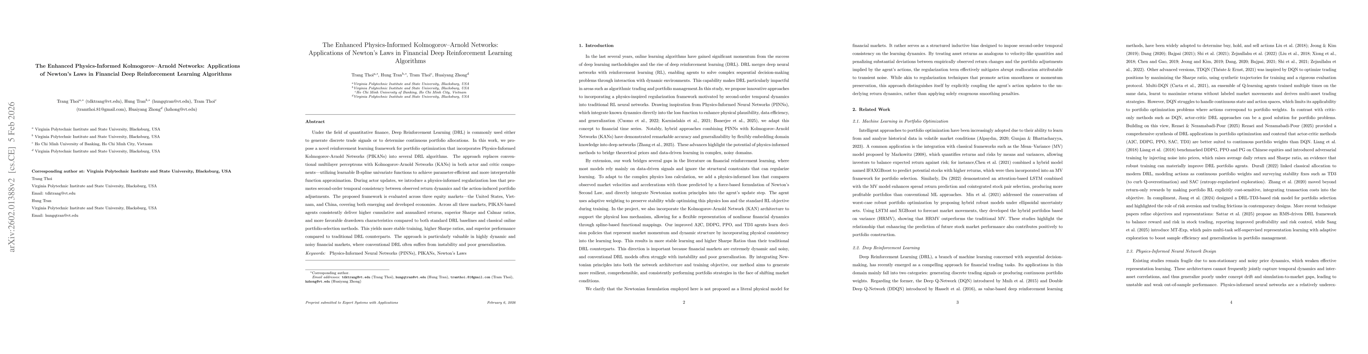 Thumbnail for The Enhanced Physics-Informed Kolmogorov-Arnold Networks: Applications of Newton's Laws in Financial Deep Reinforcement Learning (RL) Algorithms