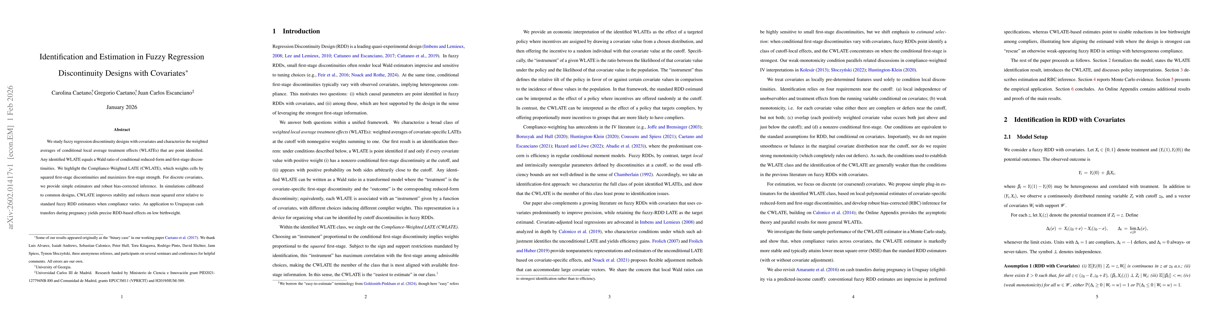 Thumbnail for Identification and Estimation in Fuzzy Regression Discontinuity Designs with Covariates