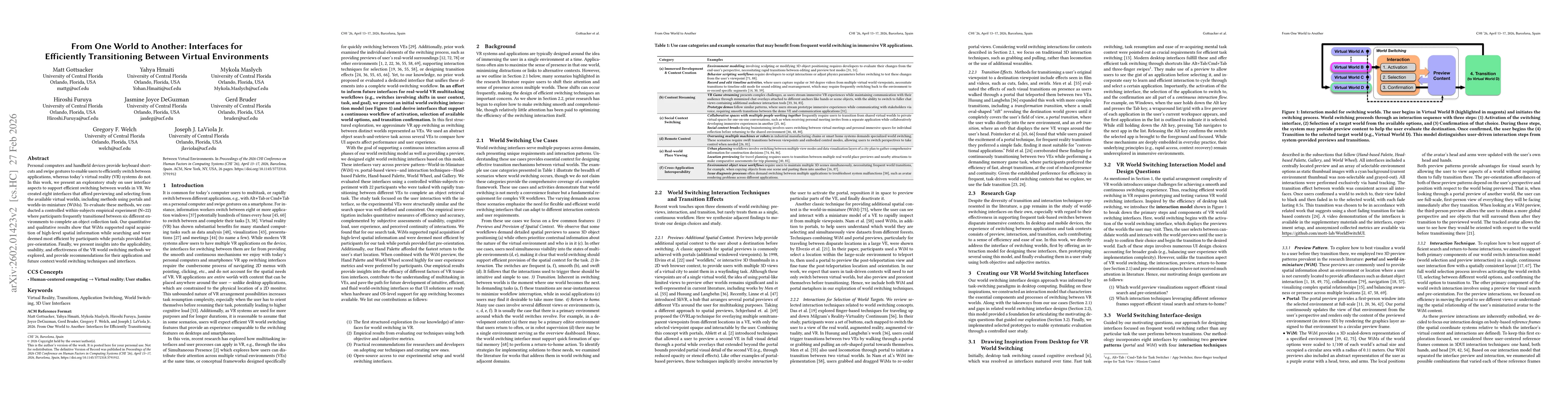 Thumbnail for From One World to Another: Interfaces for Efficiently Transitioning Between Virtual Environments
