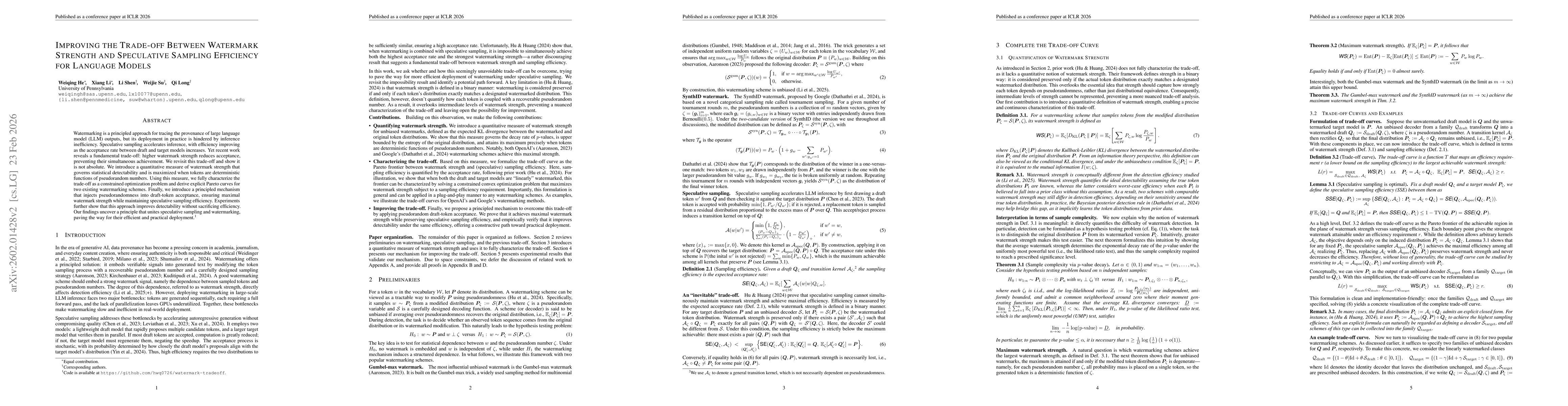 Thumbnail for Improve the Trade-off Between Watermark Strength and Speculative Sampling Efficiency for Language Models