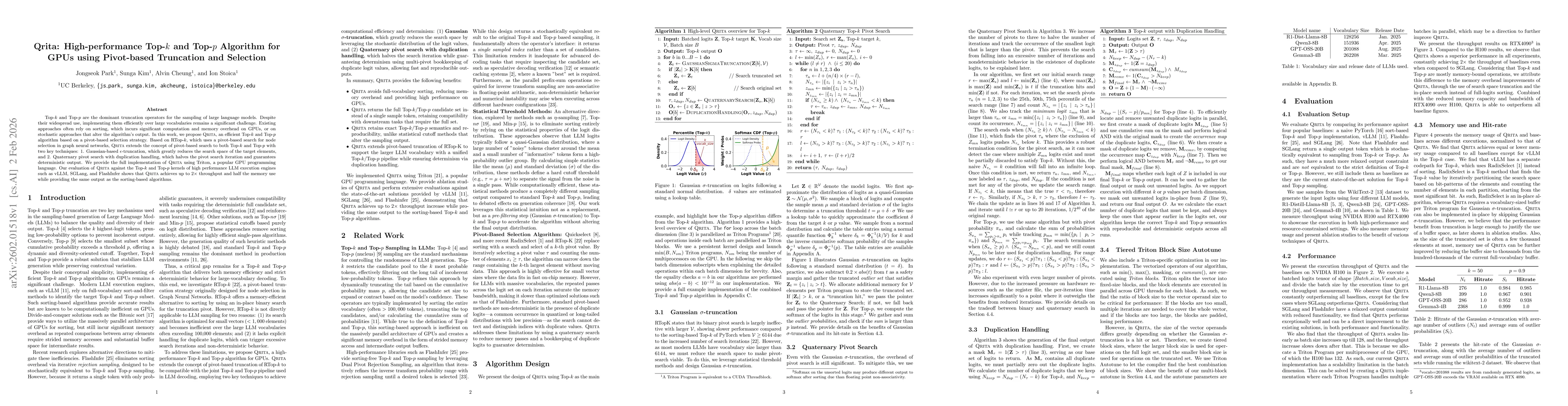 Thumbnail for Qrita: High-performance Top-k and Top-p Algorithm for GPUs using Pivot-based Truncation and Selection