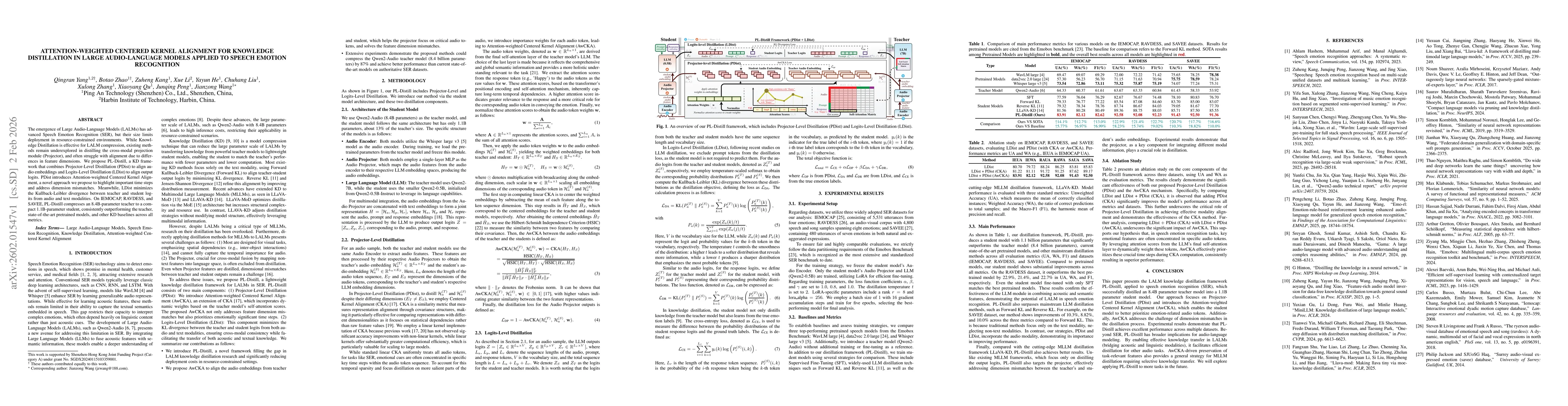 Thumbnail for Attention-weighted Centered Kernel Alignment for Knowledge Distillation in Large Audio-Language Models Applied to Speech Emotion Recognition