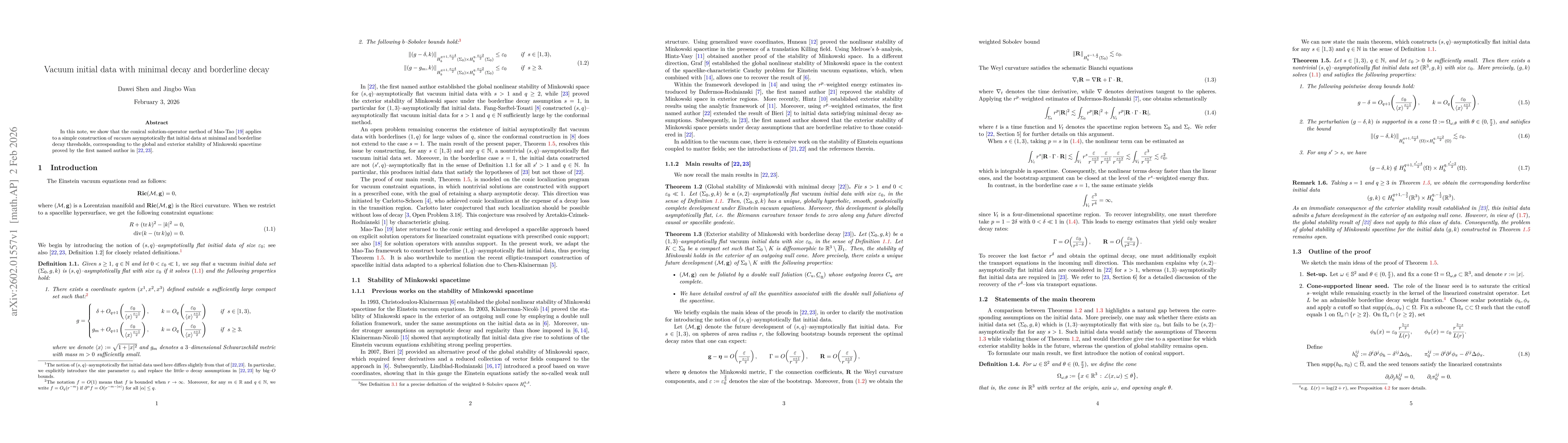 Thumbnail for Vacuum initial data with minimal decay and borderline decay