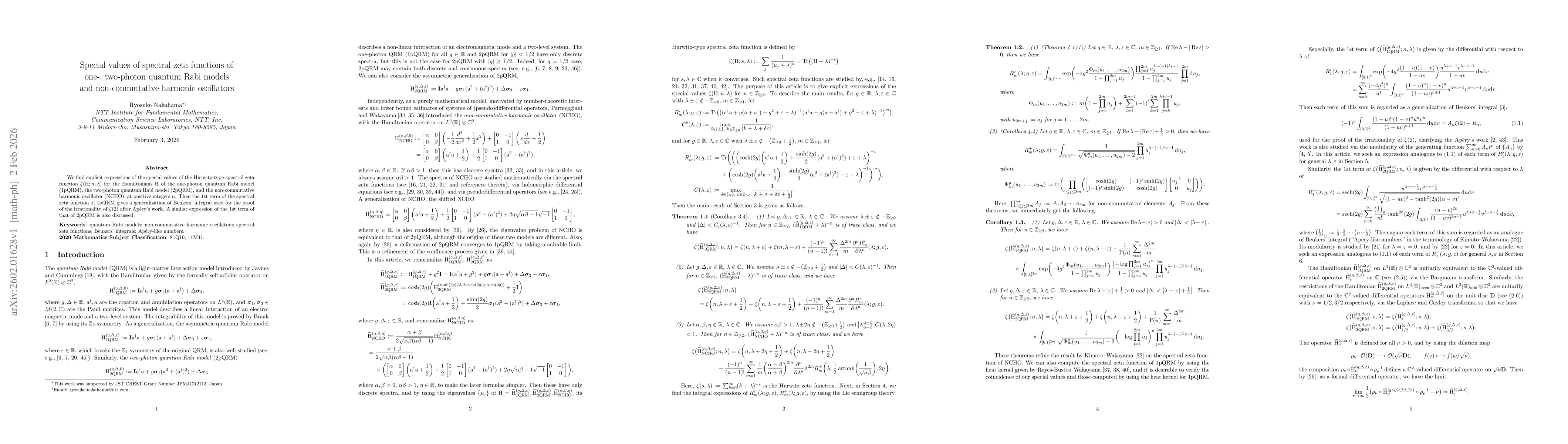 Thumbnail for Special values of spectral zeta functions of one-, two-photon quantum Rabi models and non-commutative harmonic oscillators