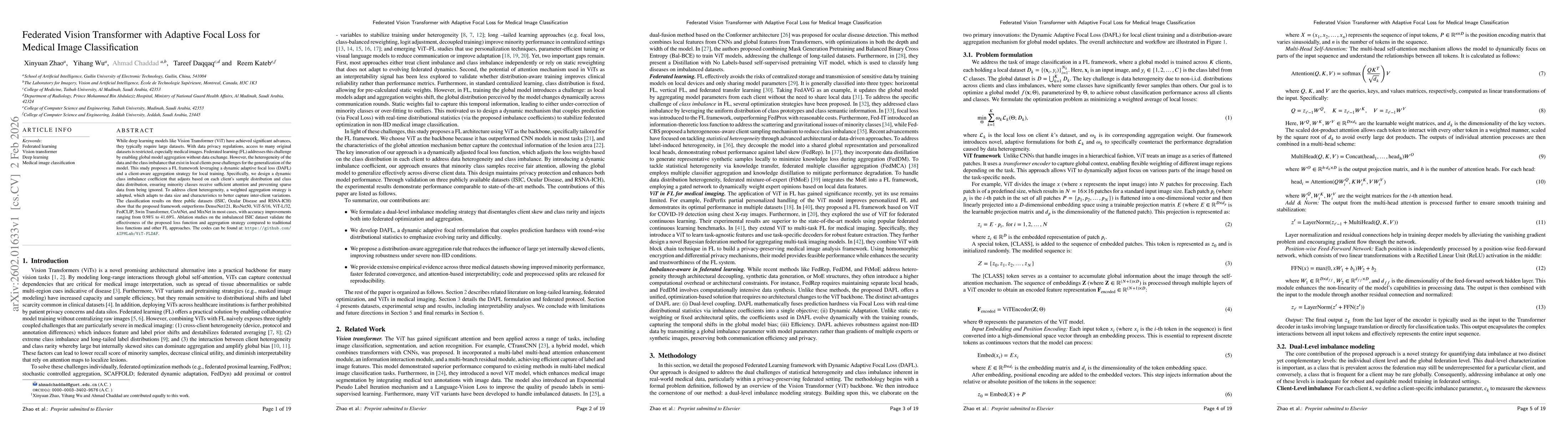 Thumbnail for Federated Vision Transformer with Adaptive Focal Loss for Medical Image Classification