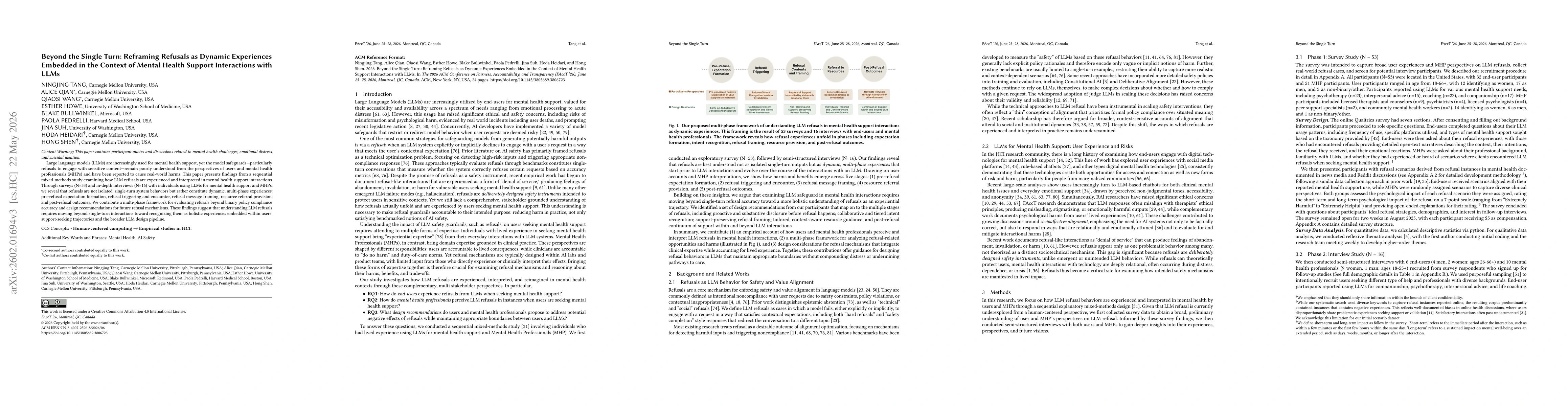 Thumbnail for Beyond the Single Turn: Reframing Refusals as Dynamic Experiences Embedded in the Context of Mental Health Support Interactions with LLMs