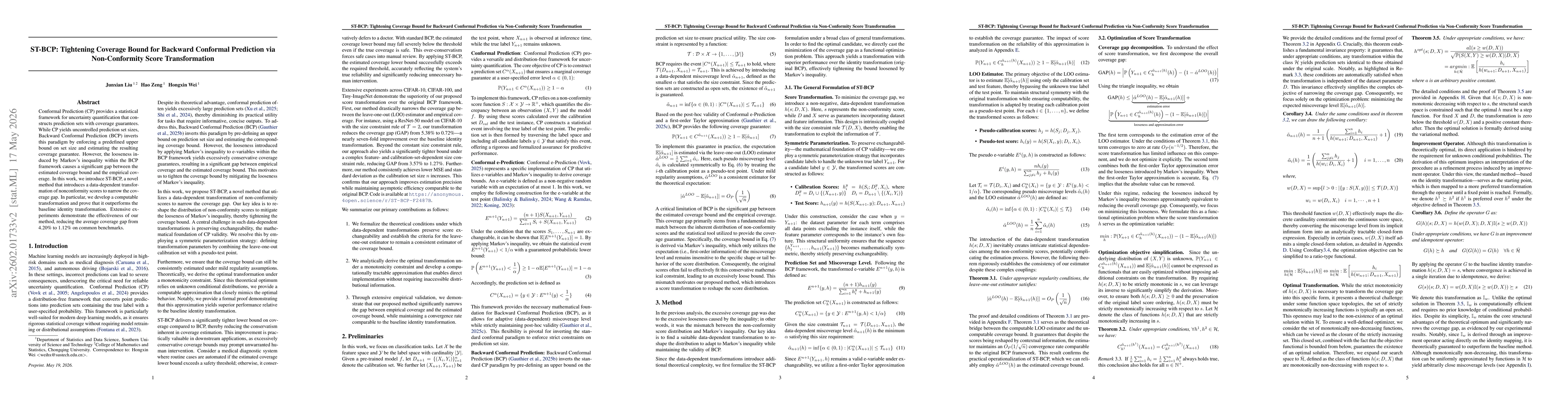 Thumbnail for ST-BCP: Tightening Coverage Bound for Backward Conformal Prediction via Non-Conformity Score Transformation