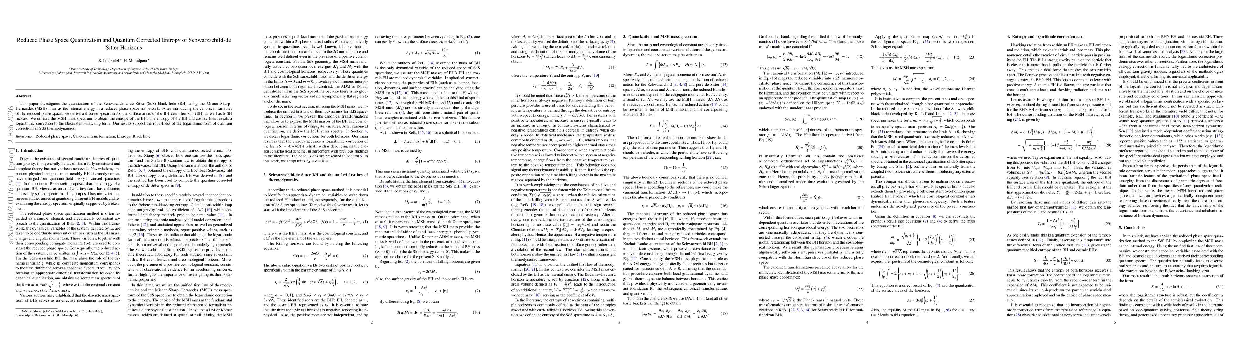 Thumbnail for Reduced Phase Space Quantization and Quantum Corrected Entropy of Schwarzschild-de Sitter Horizons