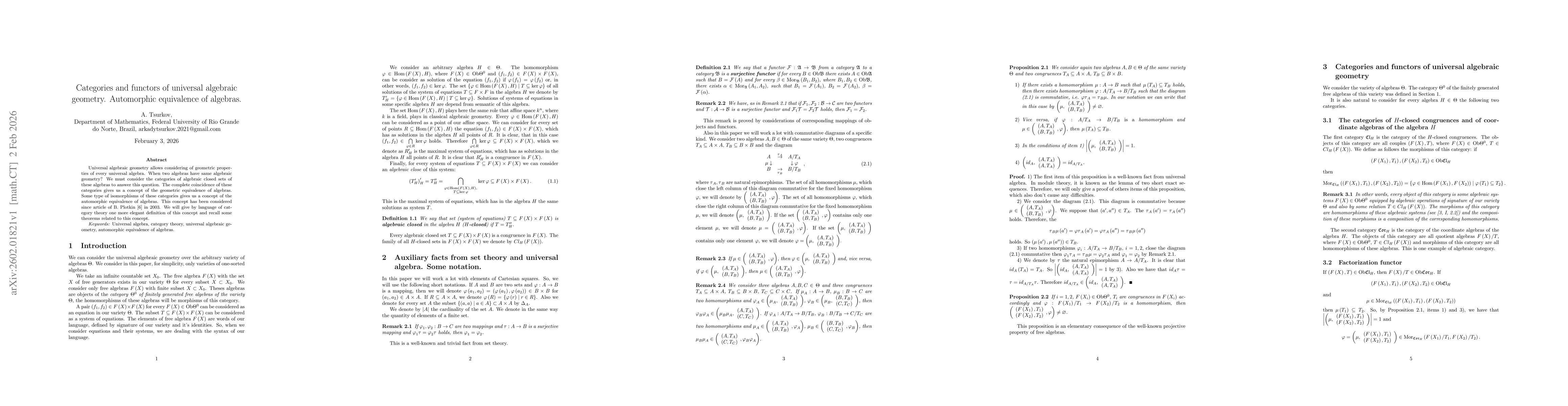 Thumbnail for Categories and functors of universal algebraic geometry. Automorphic equivalence of algebras