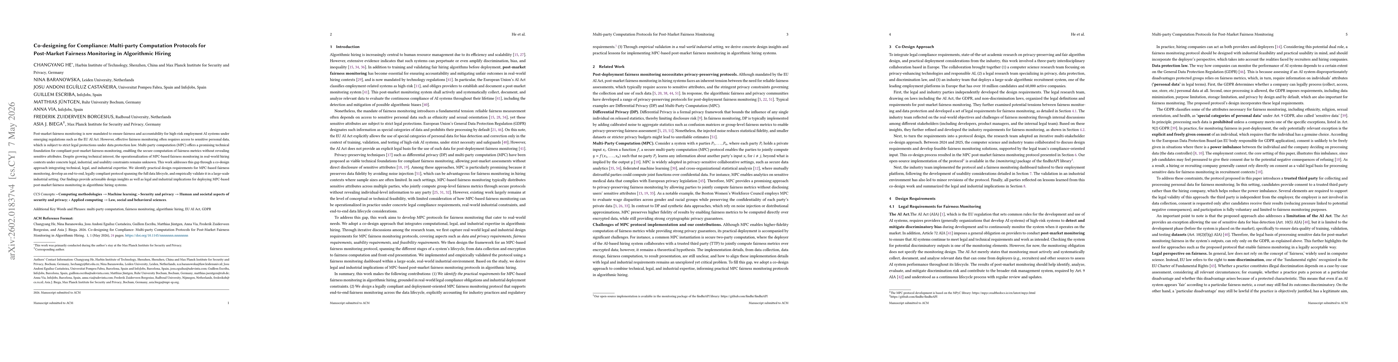 Thumbnail for Multi-party Computation Protocols for Post-Market Fairness Monitoring in Algorithmic Hiring: From Legal Requirements to Computational Designs