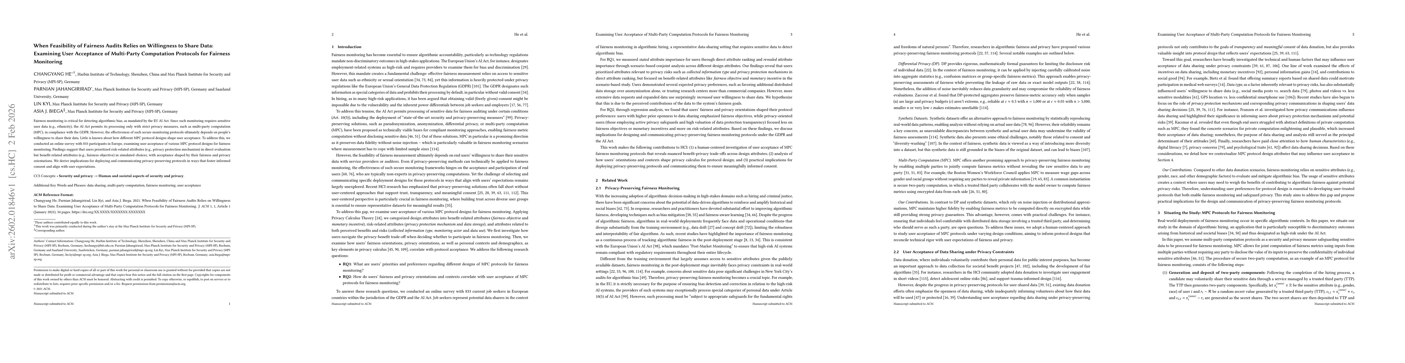 Thumbnail for When Feasibility of Fairness Audits Relies on Willingness to Share Data: Examining User Acceptance of Multi-Party Computation Protocols for Fairness Monitoring