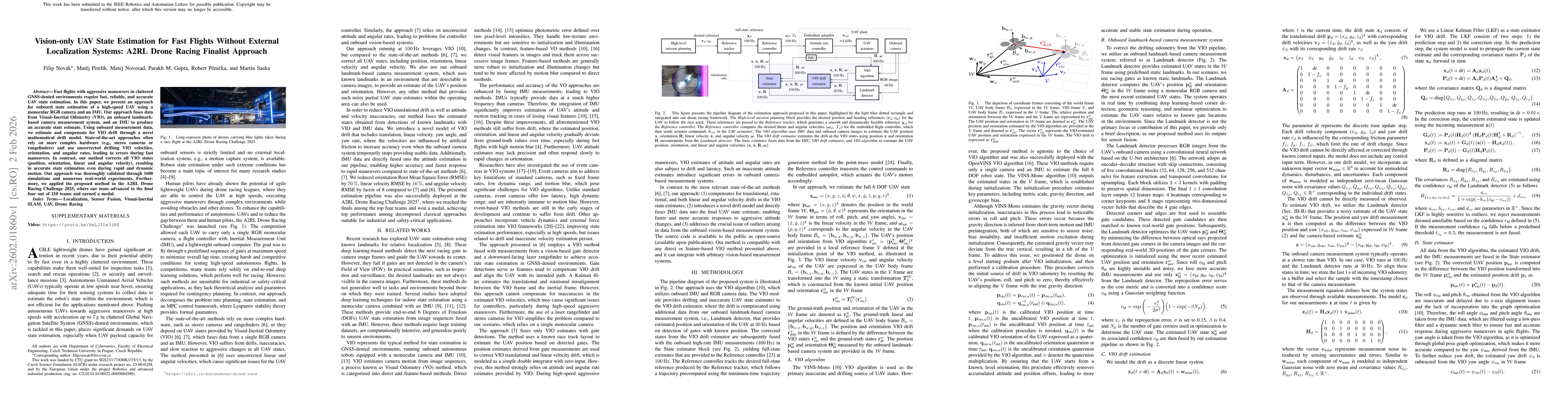 Thumbnail for Vision-only UAV State Estimation for Fast Flights Without External Localization Systems: A2RL Drone Racing Finalist Approach