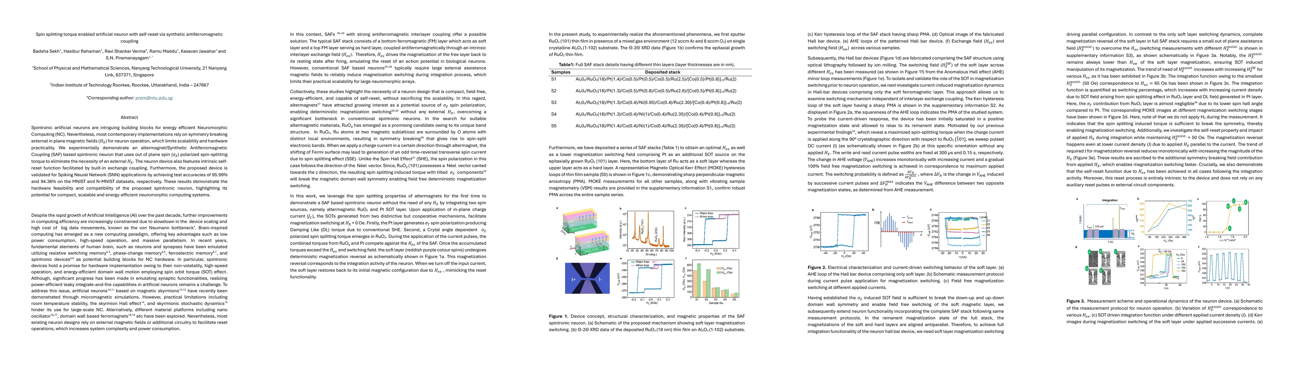 Thumbnail for Spin splitting torque enabled artificial neuron with self-reset via synthetic antiferromagnetic coupling
