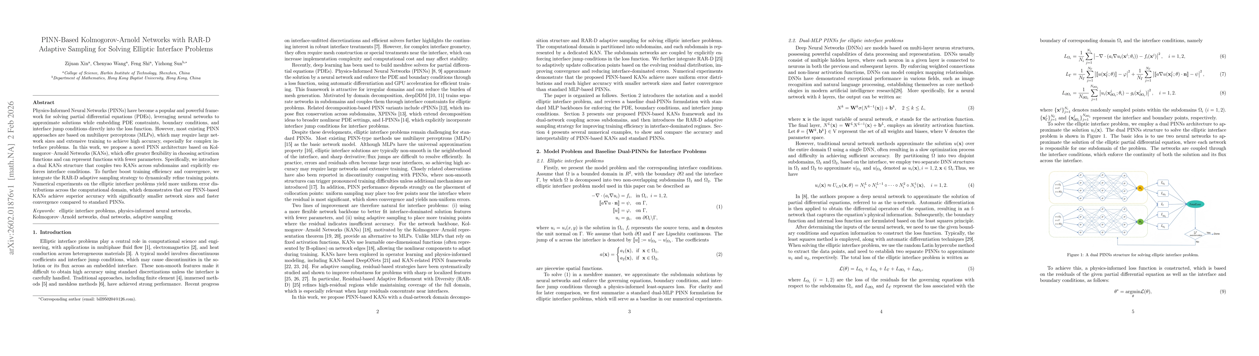 Thumbnail for PINN-Based Kolmogorov-Arnold Networks with RAR-D Adaptive Sampling for Solving Elliptic Interface Problems