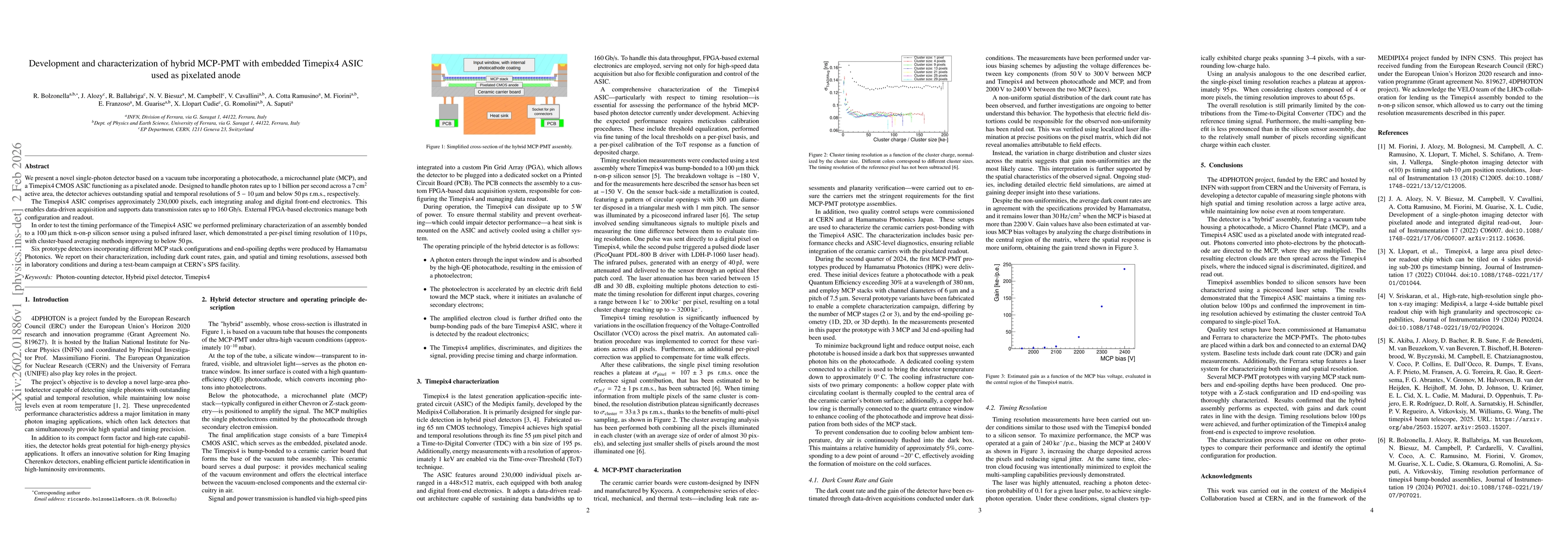 Thumbnail for Development and characterization of hybrid MCP-PMT with embedded Timepix4 ASIC used as pixelated anode