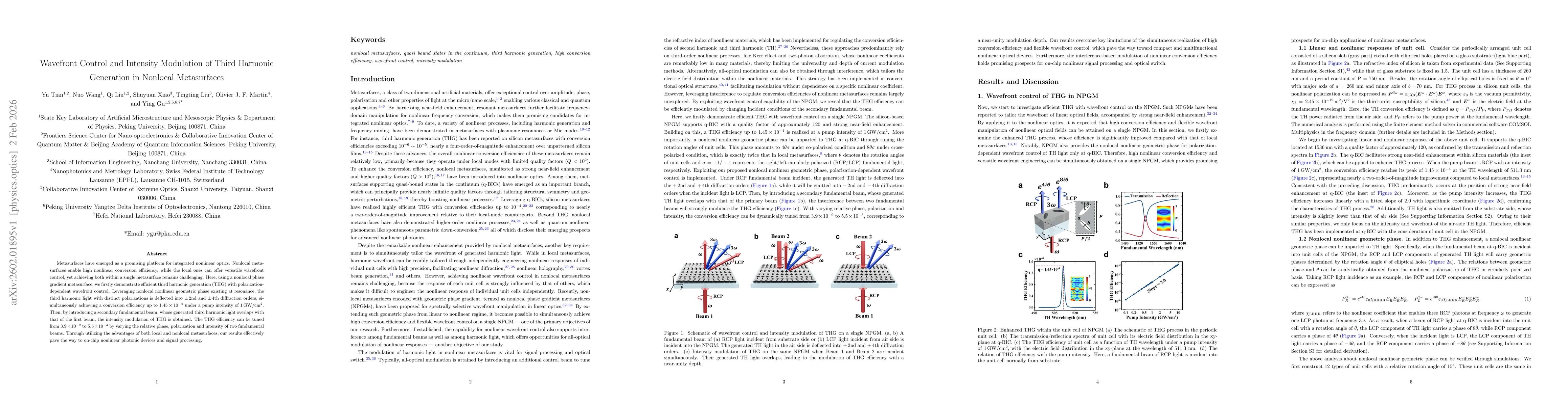 Thumbnail for Wavefront Control and Intensity Modulation of Third Harmonic Generation in Nonlocal Metasurfaces
