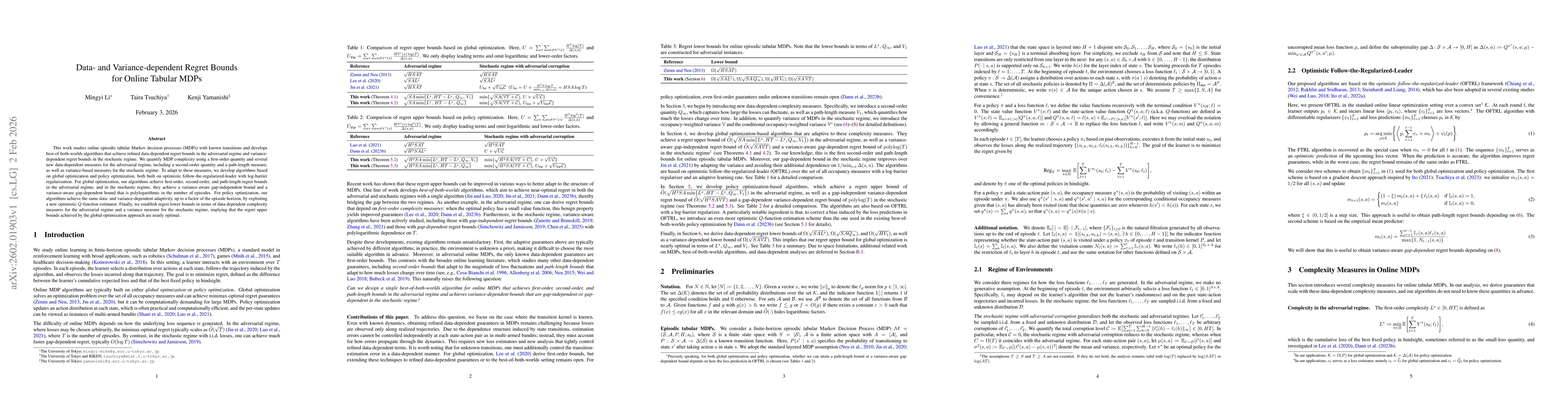 Thumbnail for Data- and Variance-dependent Regret Bounds for Online Tabular MDPs