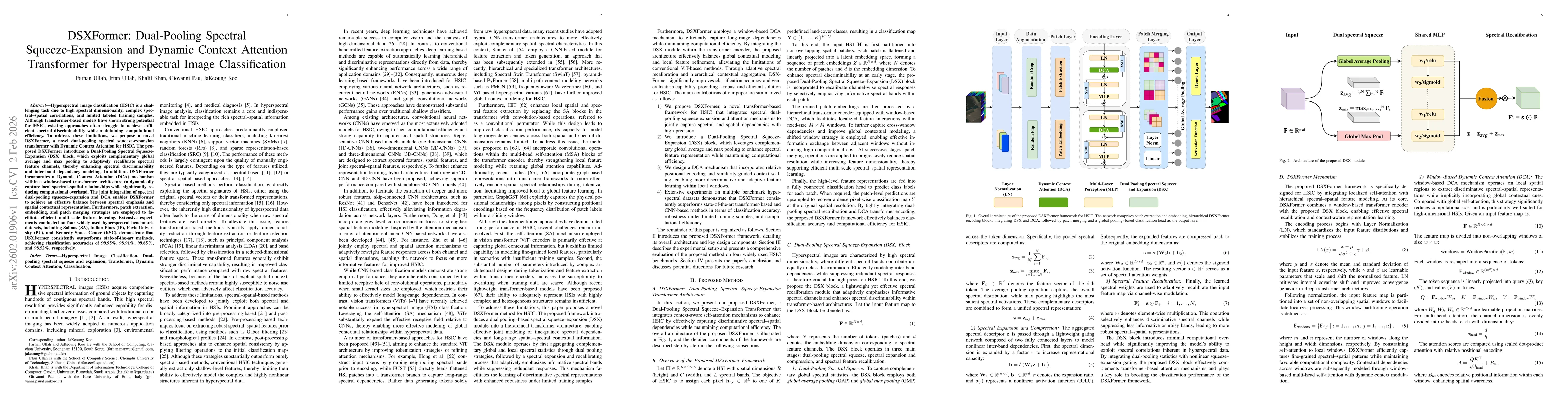 Thumbnail for DSXFormer: Dual-Pooling Spectral Squeeze-Expansion and Dynamic Context Attention Transformer for Hyperspectral Image Classification