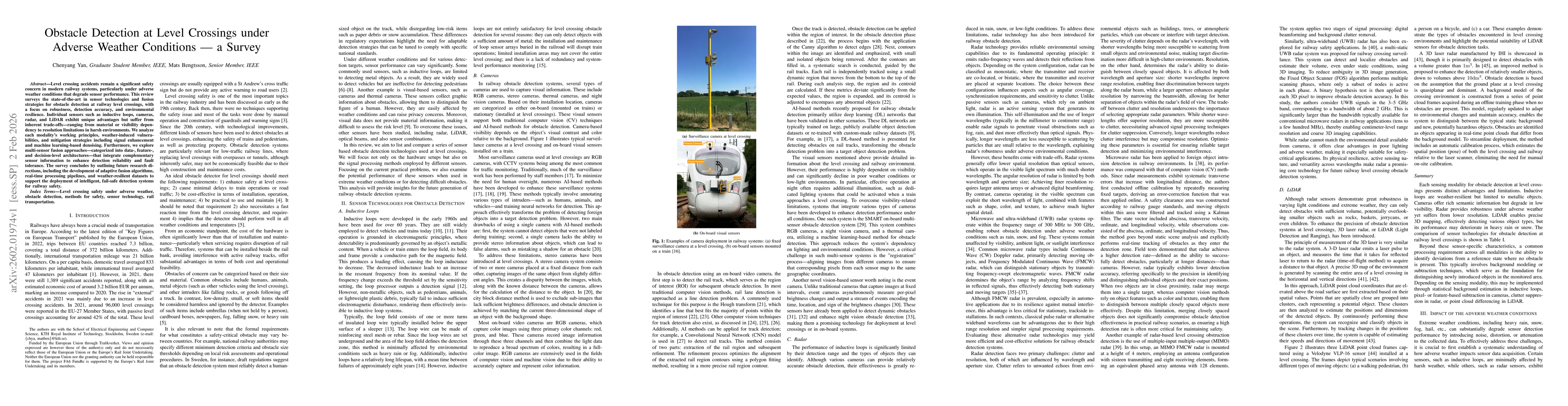 Thumbnail for Obstacle Detection at Level Crossings under Adverse Weather Conditions -- A Survey