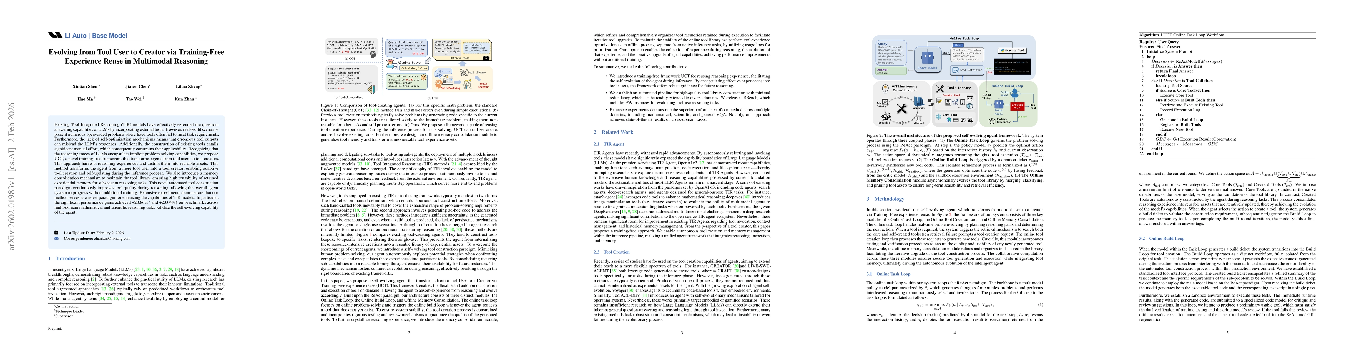 Thumbnail for Evolving from Tool User to Creator via Training-Free Experience Reuse in Multimodal Reasoning