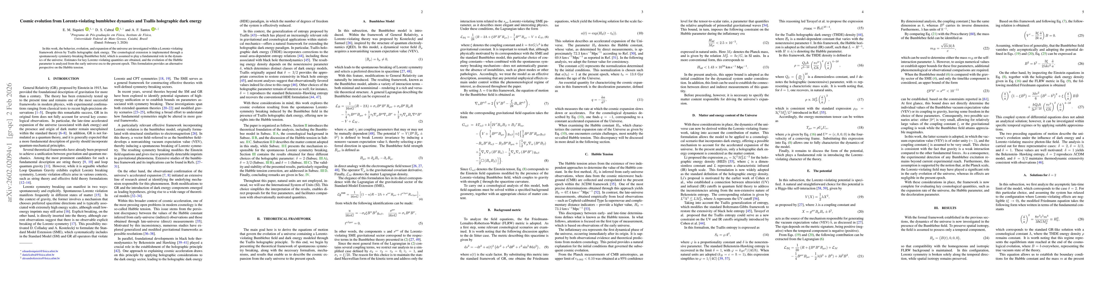 Thumbnail for Cosmic evolution from Lorentz-violating bumblebee dynamics and Tsallis holographic dark energy
