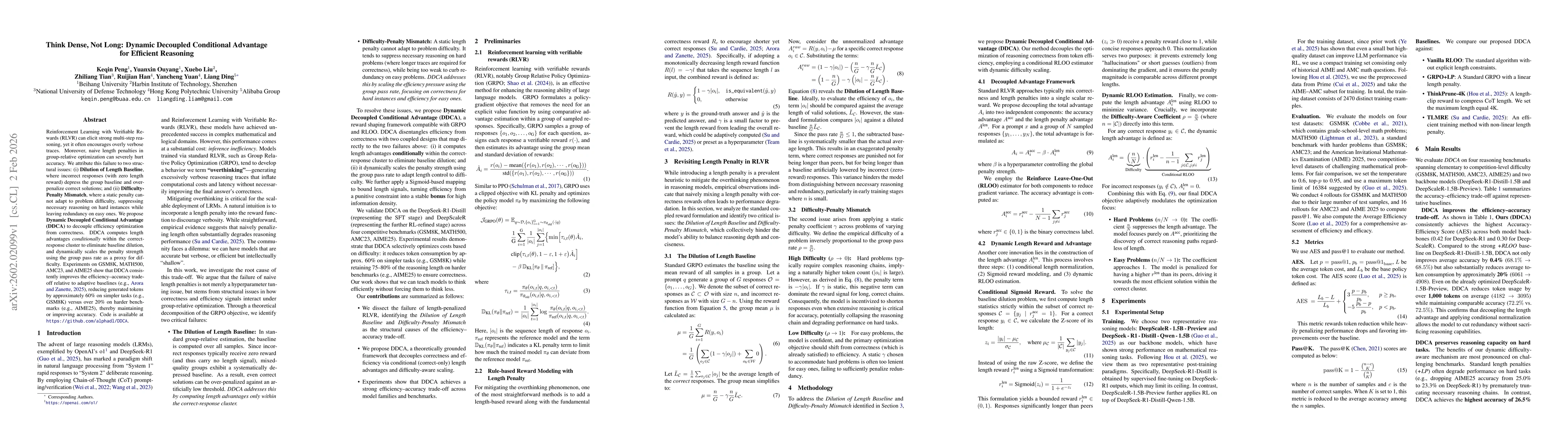 Thumbnail for Think Dense, Not Long: Dynamic Decoupled Conditional Advantage for Efficient Reasoning