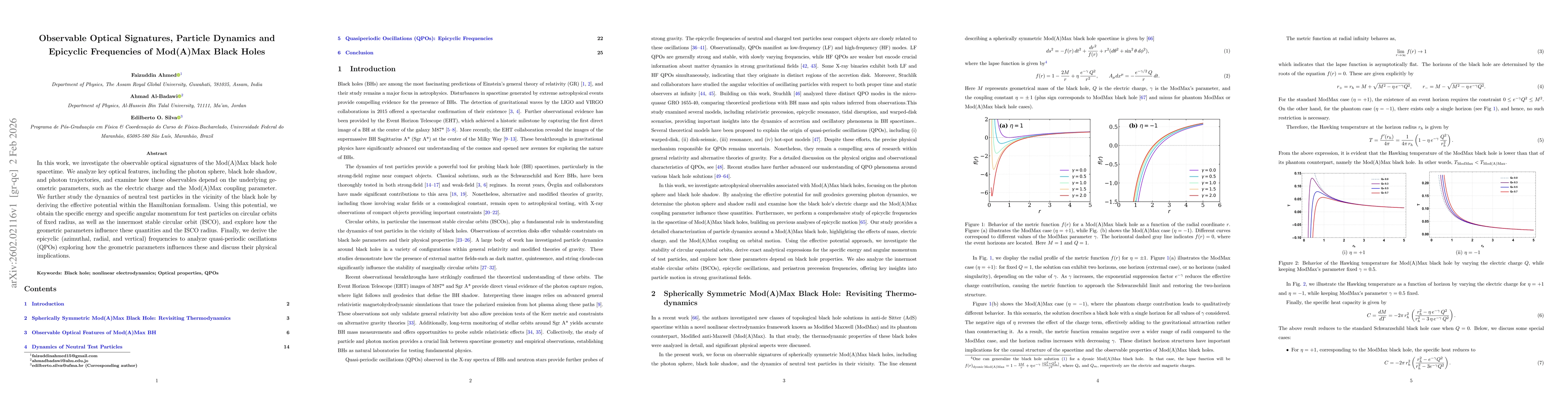 Thumbnail for Observable Optical Signatures, Particle Dynamics and Epicyclic Frequencies of Mod(A)Max Black Holes