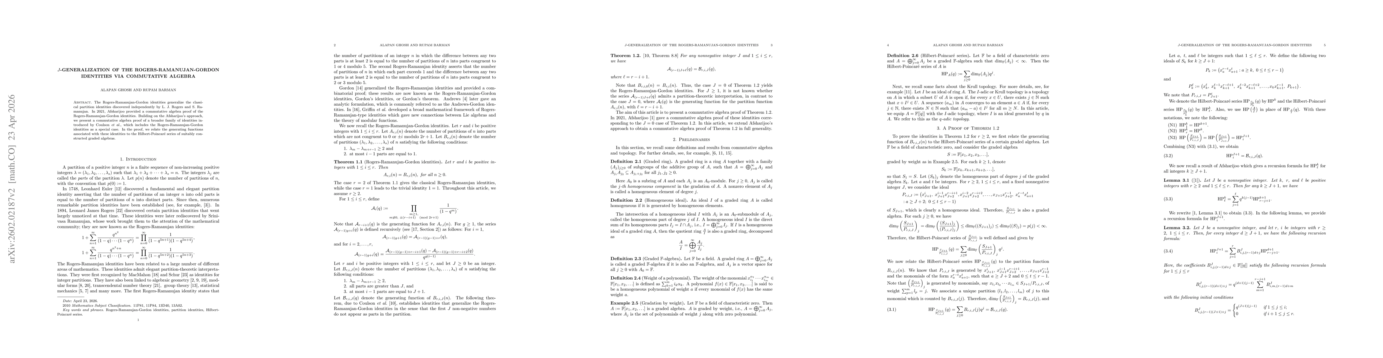 Thumbnail for A proof of $J$-generalization of the Rogers-Ramanujan-Gordon identities via commutative algebra