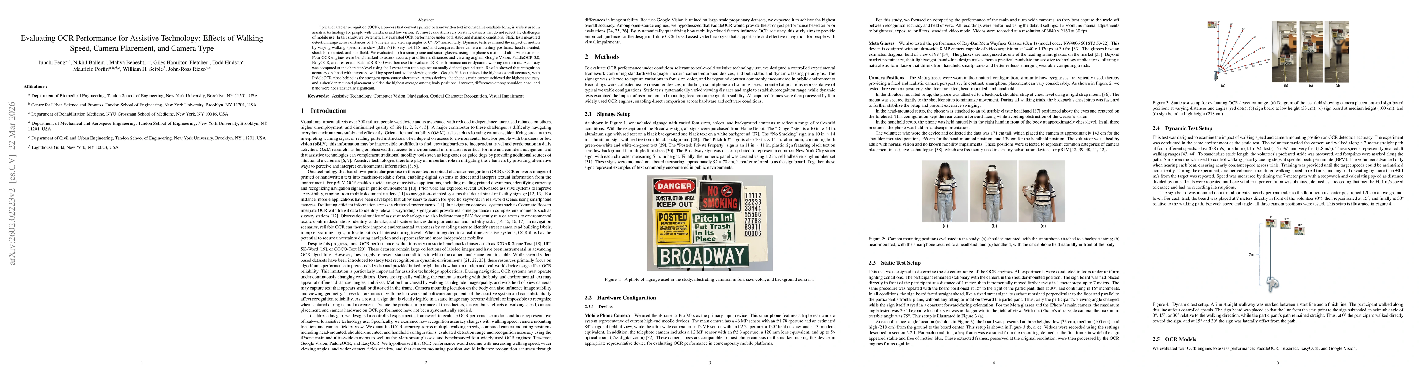 Thumbnail for Evaluating OCR Performance for Assistive Technology: Effects of Walking Speed, Camera Placement, and Camera Type