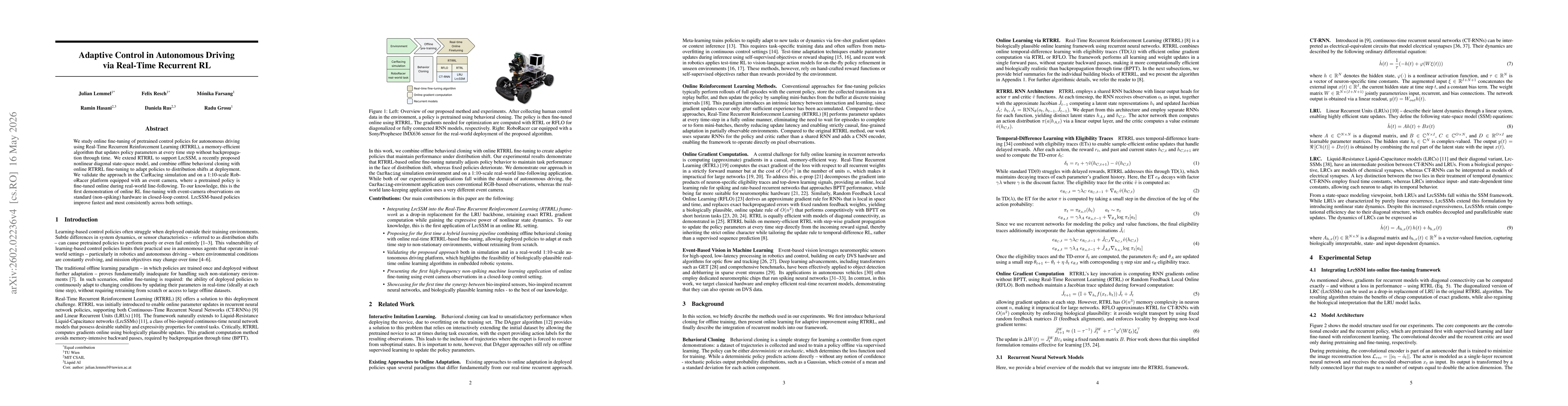 Thumbnail for Online Fine-Tuning of Pretrained Controllers for Autonomous Driving via Real-Time Recurrent RL