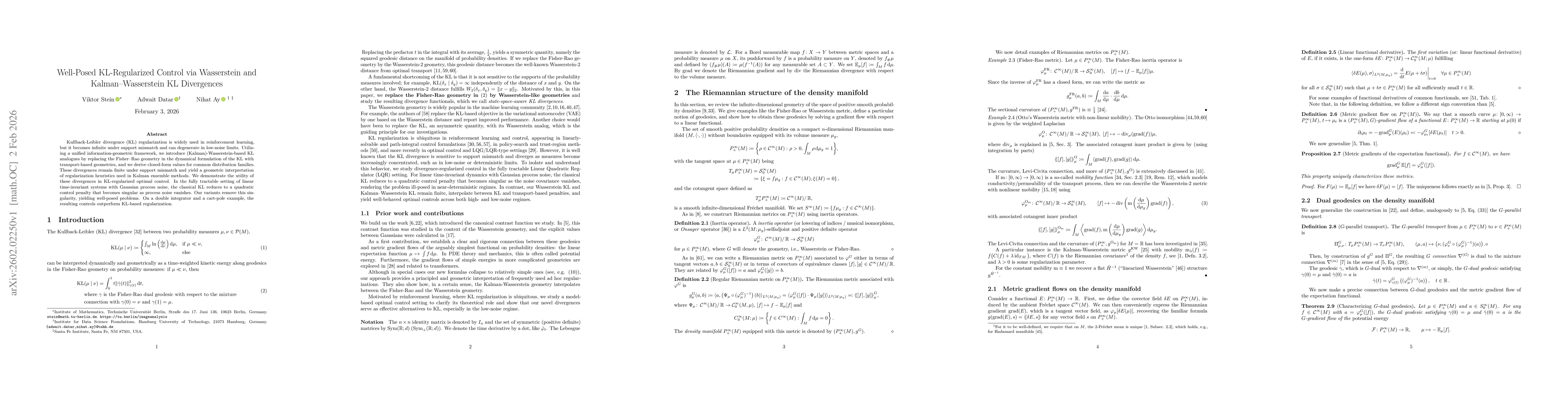 Thumbnail for Well-Posed KL-Regularized Control via Wasserstein and Kalman-Wasserstein KL Divergences