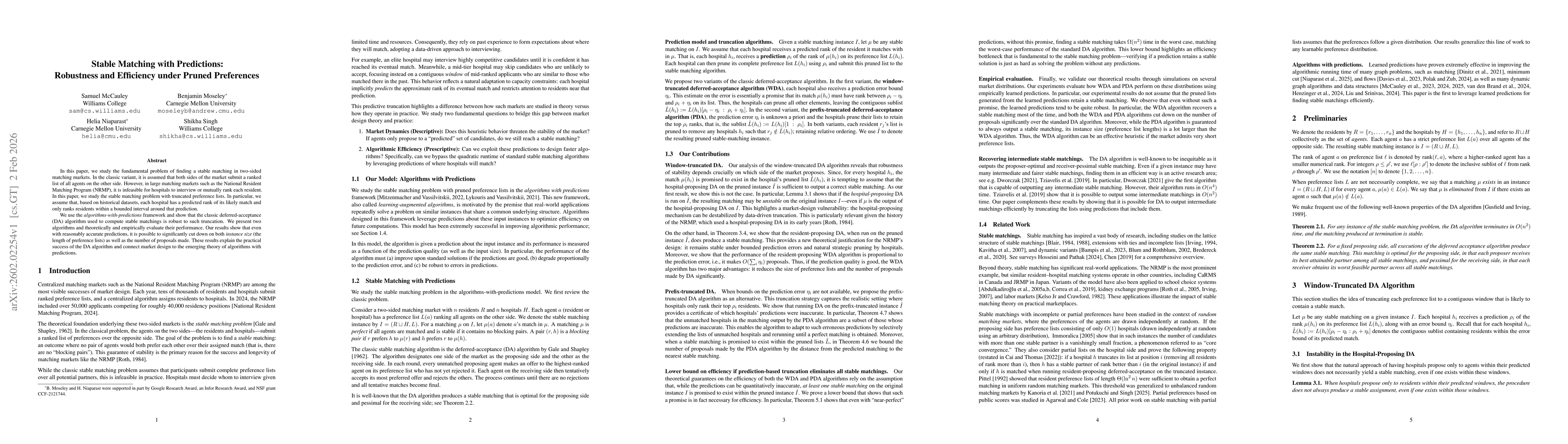 Thumbnail for Stable Matching with Predictions: Robustness and Efficiency under Pruned Preferences