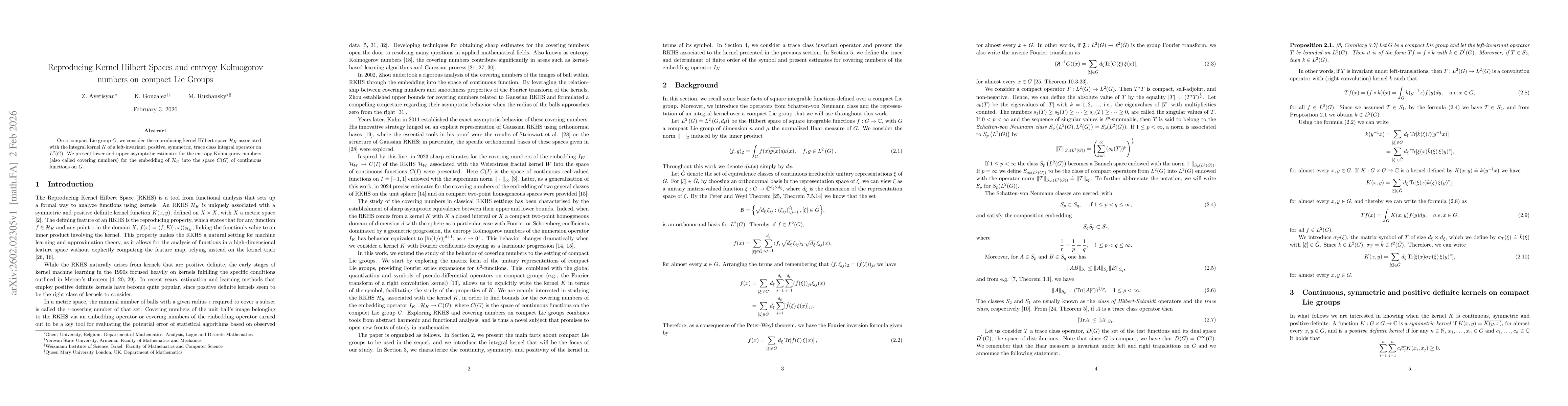Thumbnail for Reproducing Kernel Hilbert Spaces and entropy Kolmogorov numbers on compact Lie Groups