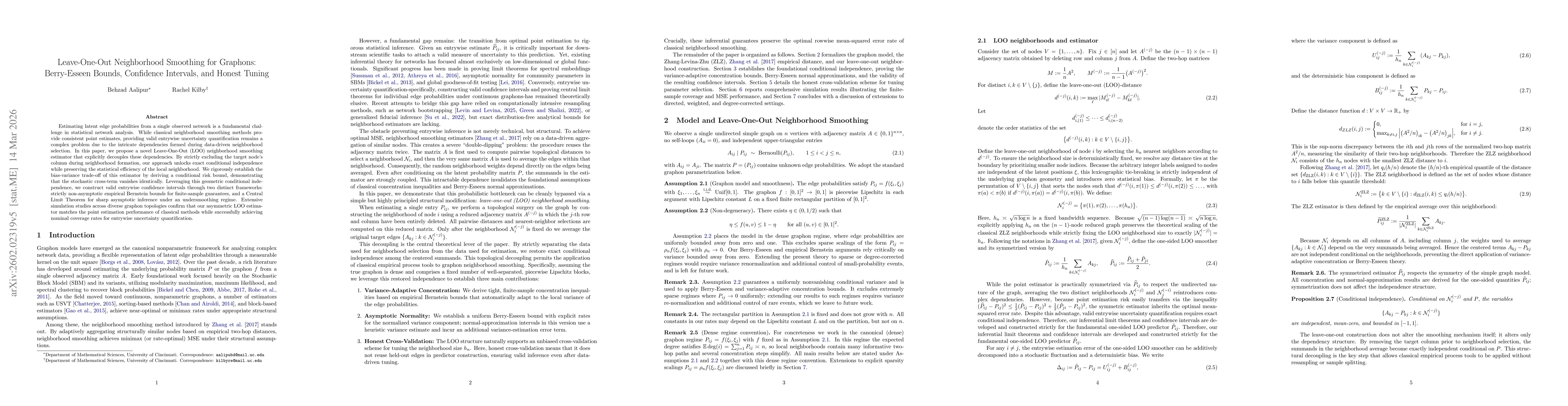 Thumbnail for Leave-One-Out Neighborhood Smoothing for Graphons: Berry-Esseen Bounds, Confidence Intervals, and Honest Tuning